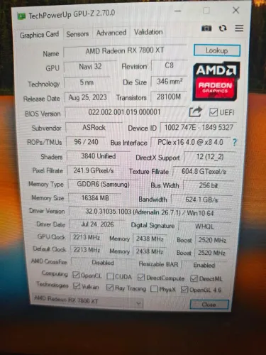 Placa de vídeo AMD RX7800XT