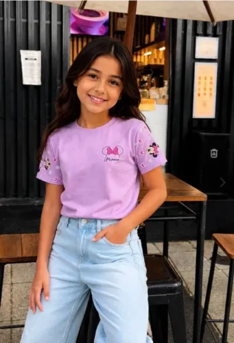 T-shirt Infantil Minnie (ESTAMPA BOLSO E MANGAS) Lilas