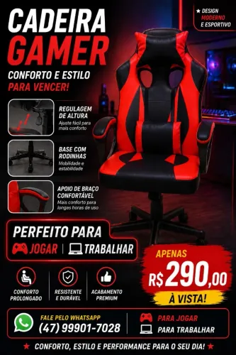 Cadeira Gamer NOVA- Otello Giratória,regula altura e com almofadas- Preta e vermelha