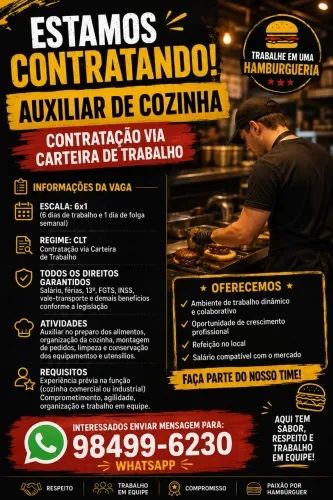 Vaga de emprego auxiliar de cozinha hamburgueria 