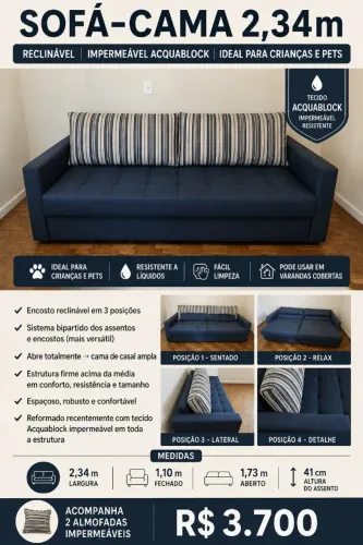 Sofá-Cama 2,34m | Reclinável | Impermeável Acquablock | Ideal para Crianças e Pets