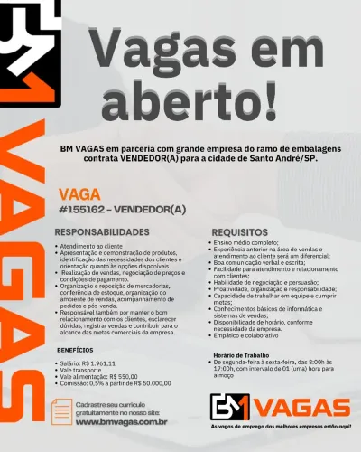 Vaga aberta para vendedor em Santo André/SP