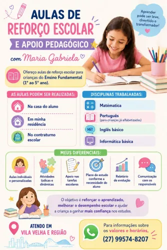 Reforço escolar (1º ao 5º ano)  Matemática | Português | Inglês básico | Informática