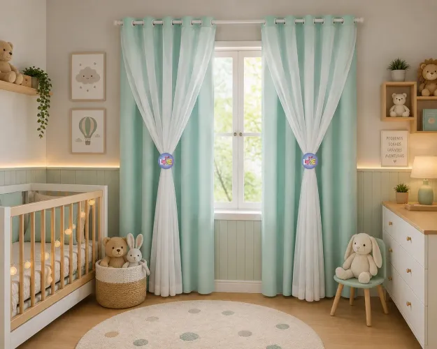 Cortina infantil, Voil com forro na cor verde água 2,80x1,80