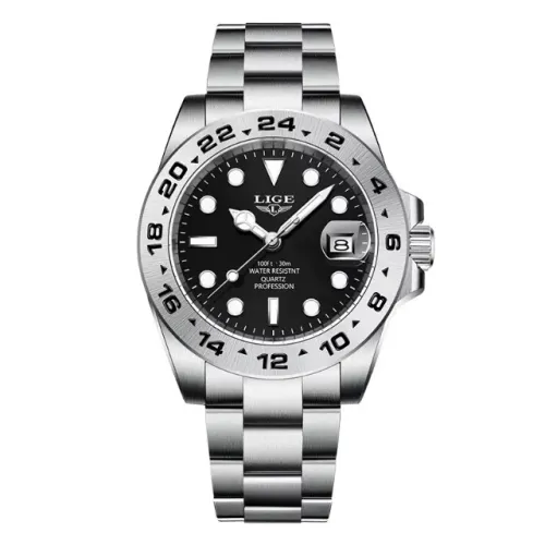 Relógio Lige Movimento Quartzo Masculino Social Prata Preto Pulseira Caixa Aço