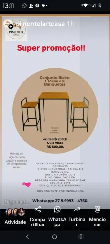 Mesa Bistrô com 2 bancos