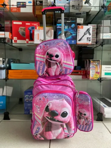 Kit Escolar Mochila com Rodinhas, Lancheira Térmica e Estojo - Lilo & Stitch Rosa