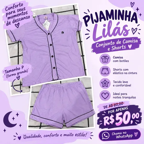 Pijaminha Lilás Feminino Nova - Conjunto Camisa + Shorts - Tamanho P (Forma media) - R$50