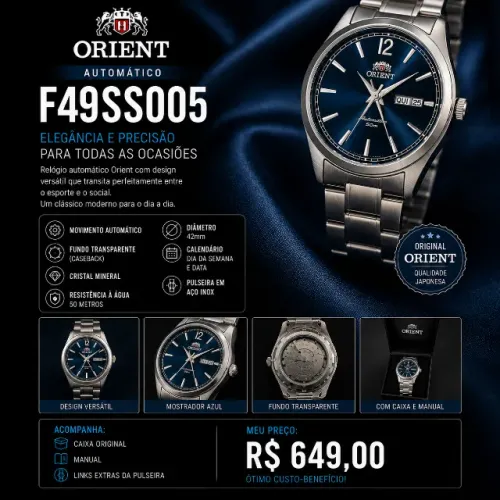 Relógio Orient Automático F49SS005 Azul | Caixa, Manual e Elos Extras