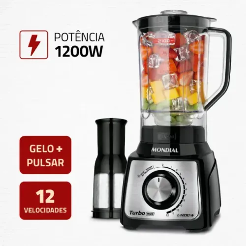 Liquidificador Mondial Turbo L-1200 BI com Filtro 12 Velocidades 1200W Inox Preto Na Caixa