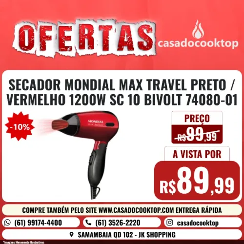 SECADOR MONDIAL MAX TRAVEL PRETO/VERMELHO 1200W SC-10 BIVOLT 74080-01