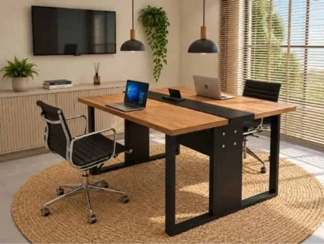 Mesa De Trabalho Trapeze. Com Tomada: 2 Lugares: L120cm x P120cm xA74cm