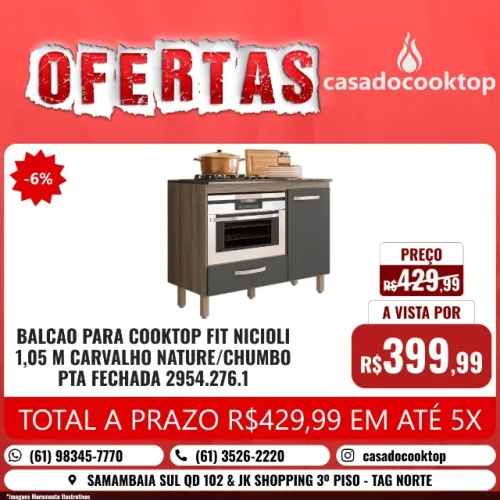 BALCAO PARA COOKTOP FIT NICIOLI 1,05 M CARVALHO NATURE/CHUMBO PTA FECHADA 2954.276.1