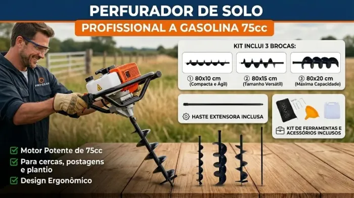 PERFURADOR DE SOLO A GASOLINA 75CC C/ 3 BROCAS E EXTENSOR Brocas (80×10 cm, 80×15 cm, 80×2