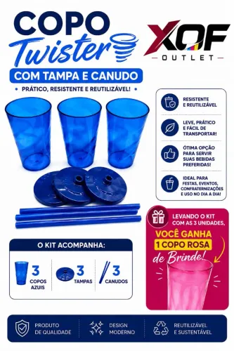 Kit 3 Copos com Tampa e Canudo - Azul (brinde copo rosa)