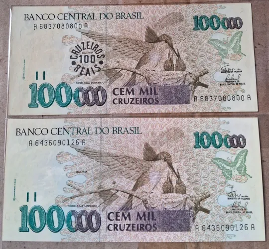 CÉDULA DO BEIJA FLOR DE CEM MIL CRUZEIROS FE... EM PERFEITO ESTADO DE CONSERVAÇÃO.