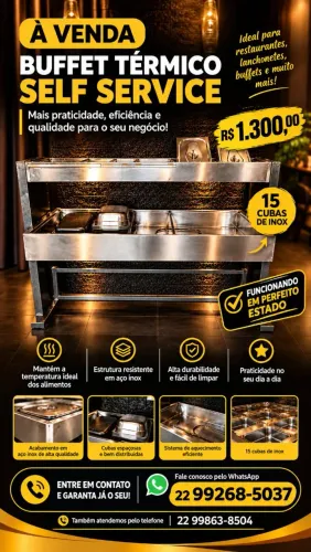 Buffet Térmico Self Service 15 cubas inox