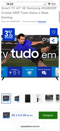 4.9 (4586) Smart TV 43" Samsung 4K UHD Crystal UHD UN43U8600FGXZD Tizen Bixby 3 HDMI