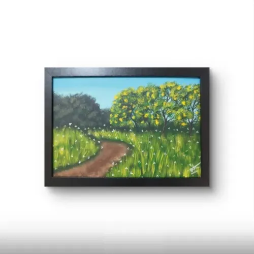 Quadro pintura em MDF - Caminho e verde 30x21cm com moldura