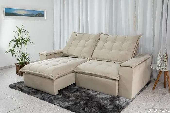 Sofá Retrátil Reclinável 2.30m Veludo Bege 818 D33 e Molas Ensacadas rf654