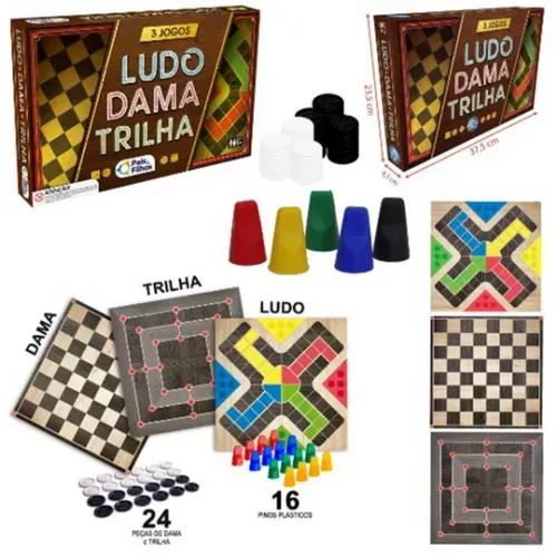 Jogo de Tabuleiro 3 Jogos Ludo Dama e Trilha