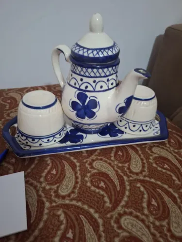 Conjunto de Chá em Cerâmica Azul e Branco