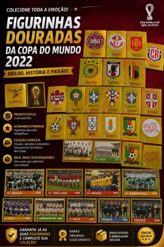50 Figurinhas Douradas Panini - Copa do Mundo Qatar 2022 - Escudos, Campeões e Especiais