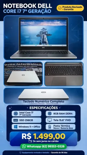 Notebook Dell Core i7 7°Gth/ SSD 256Gb/ 8GB/