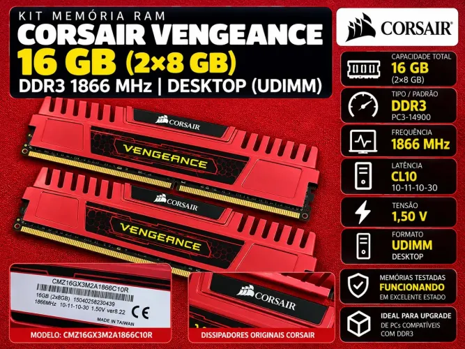 Memória RAM 16GB Corsair Vengeance DDR3 1866MHz 2x8GB CL10