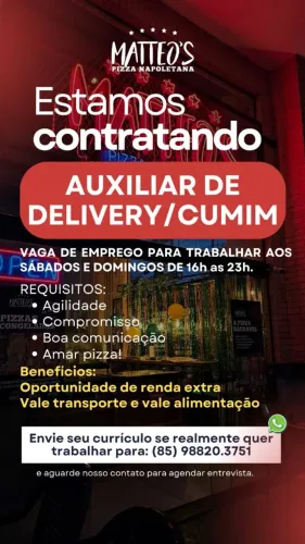 VAGA P/ AUXILIAR DE DELIVERY/CUMIM