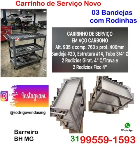 Carrinho em Aço de serviço casa auto mecânica restaurante escola cozinha moveis loja