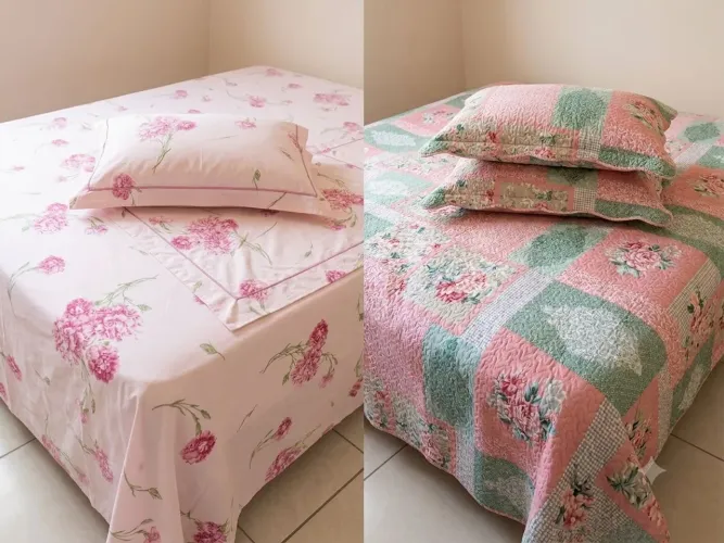 Kit Cama King Size Completo: Colcha Patchwork + Jogo de Lençol 100% Algodão (7 Peças)