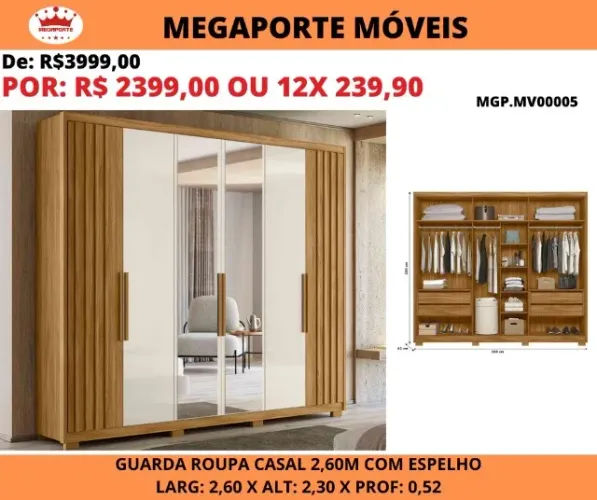 GUARDA ROUPA CASAL 2,60 C/ESPELHO