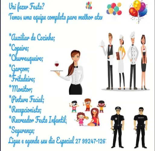 Vai fazer Festa? Temos Garçom,Fritadeira,Copeira,Recepcionista,Churrasqueiro