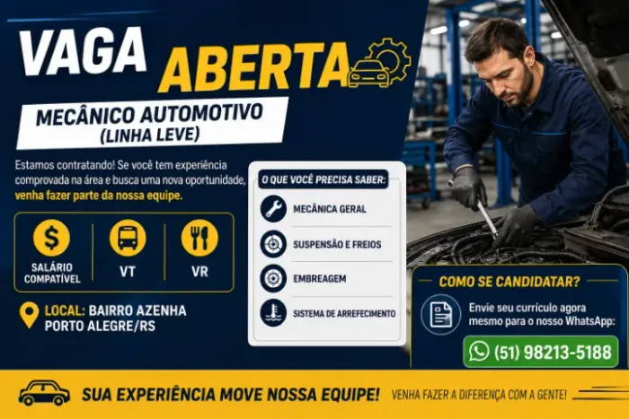 VAGA ABERTA: Mecânico Automotivo (Linha Leve)