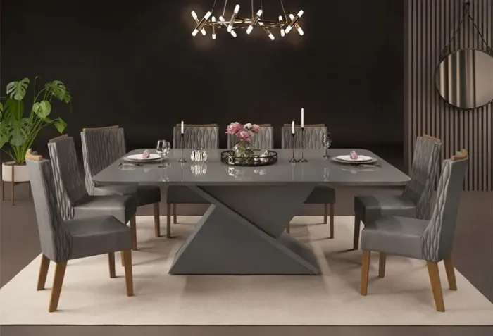 Mesa de Jantar de Vidro Cinza Chumbo com 8 Lugares