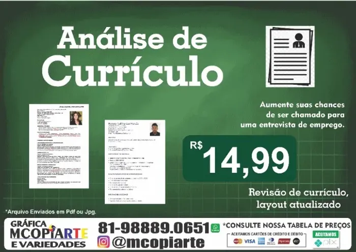 Currículo: criação, revisão, atualização, digital ou online em enviou PDF ou JPG.