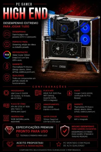 PC Gamer i5-12600K/RX 5700XT 8G/16GB 3600Mhz/SSD/Water Cooler/Gabinete ThermaltakeP3