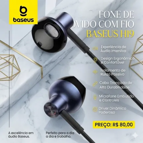 Fone Com Fio Reforçado Baseus H19 Premium (Original e Lacrado).