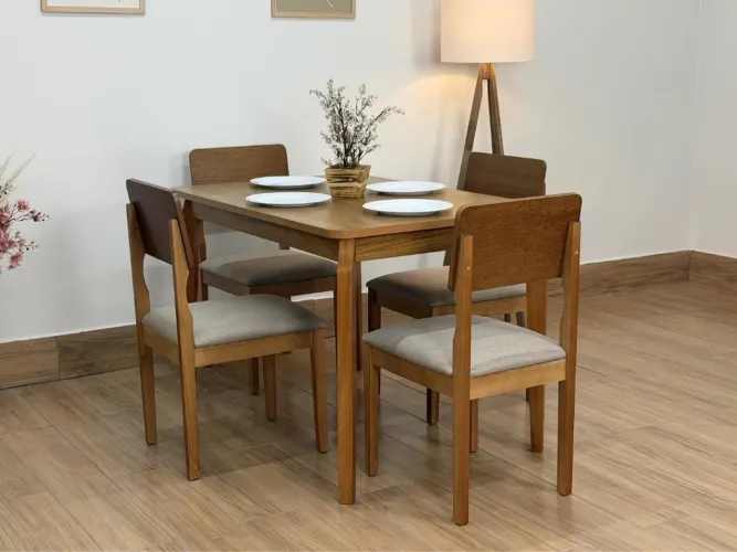 Mesa Jantar 1.20×0.80 Com 4 Cadeiras de Madeira Ana - Cinamomo/Bege Linho l54