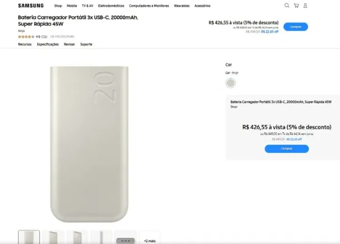 PowerBank Samsung 20.000mAh 45w Fast Charging 2.0 PD 3 Portas USB Lacrado