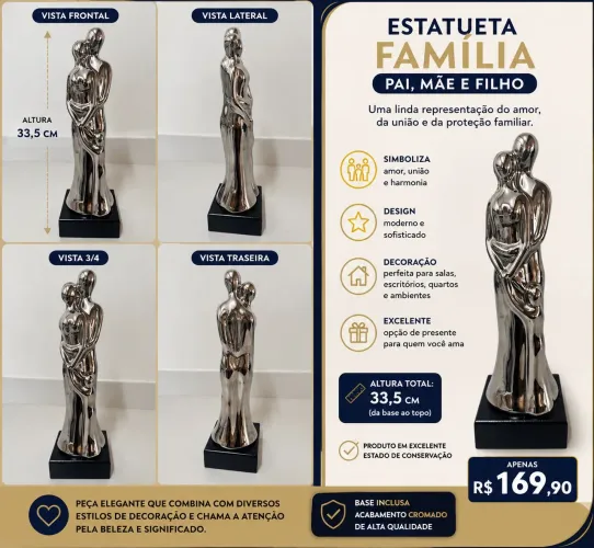 Estatueta Família Decorativa Pai, Mãe e Filho - 33,5 cm 