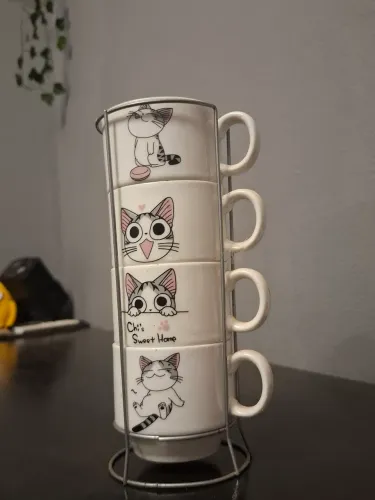Jogo de 4 Canecas de Gatinho com Suporte