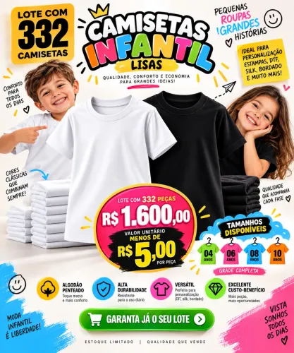 Lote 332 Camisetas Infantis Lisas Algodão Penteado - Tamanhos 04, 06, 08 e 10 - Atacado