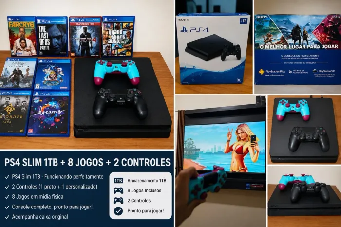 PS4 Slim 1TB + 2 Controles + 8 Jogos + Caixa Original - Excelente Estado ?