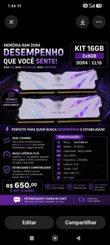 Memória DDR4 3.200Hrz CL16 2X8GB Natech.