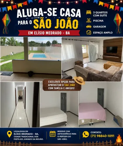 Aluguel Casa São João - Elísio Medrado -BA