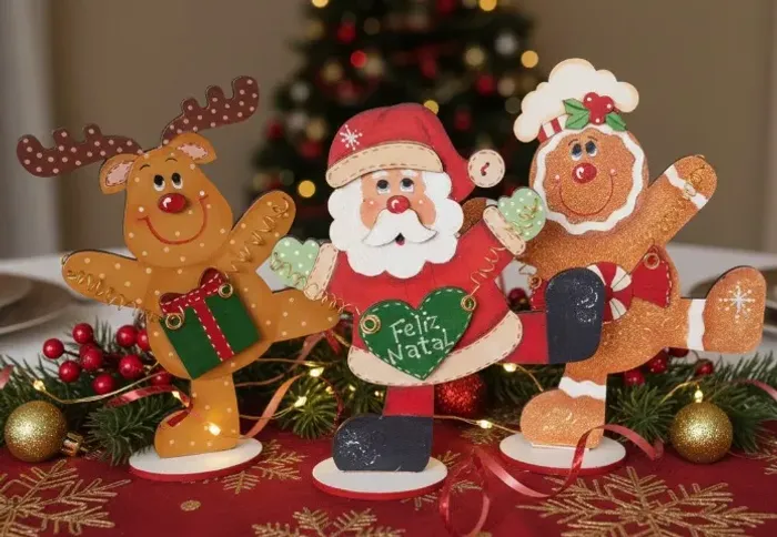 trio de enfeites em madeira mdf balcão natal