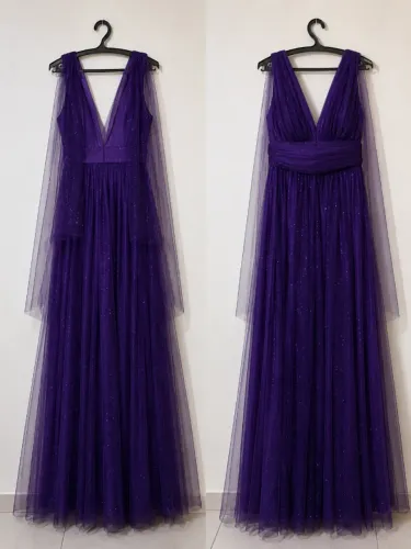 Vestido Longo de Festa Roxo com Tule e Brilho