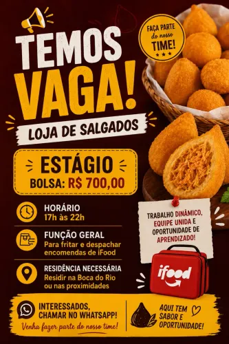 Vaga de emprego em loja de salgado